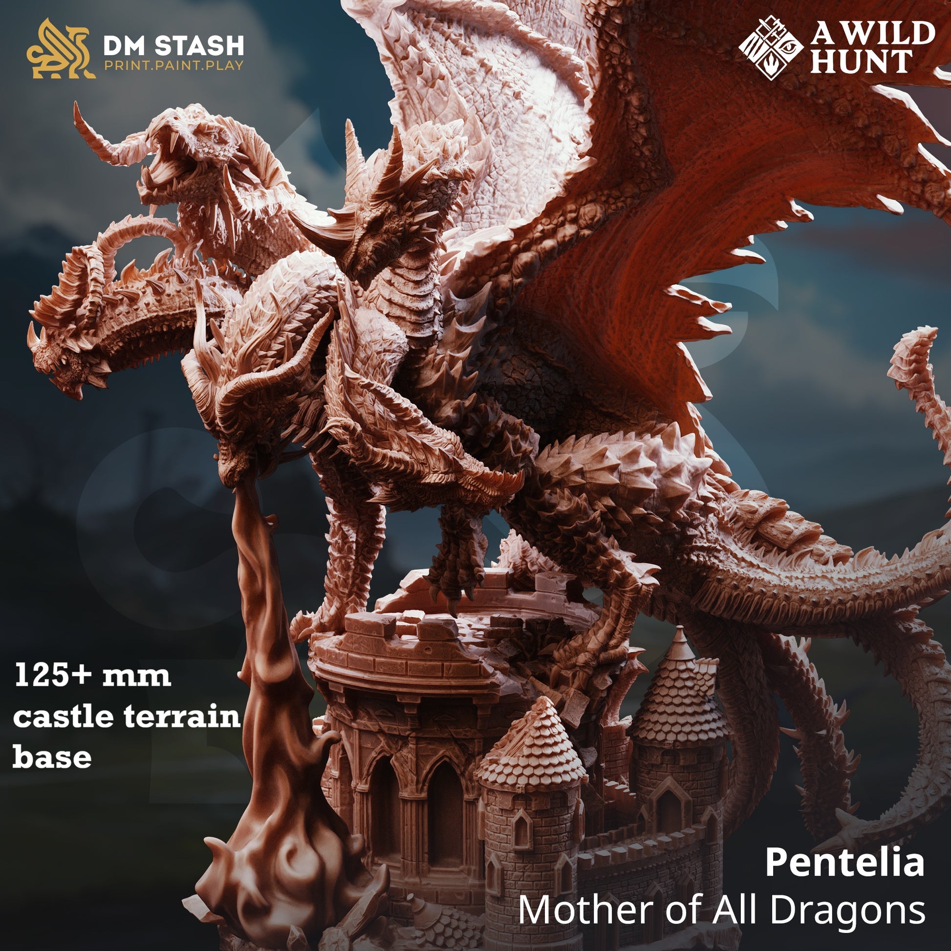 Image shows a 3D render of a five-headed dragon gaming miniature.