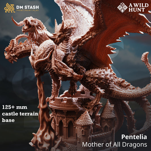 Image shows a 3D render of a five-headed dragon gaming miniature.