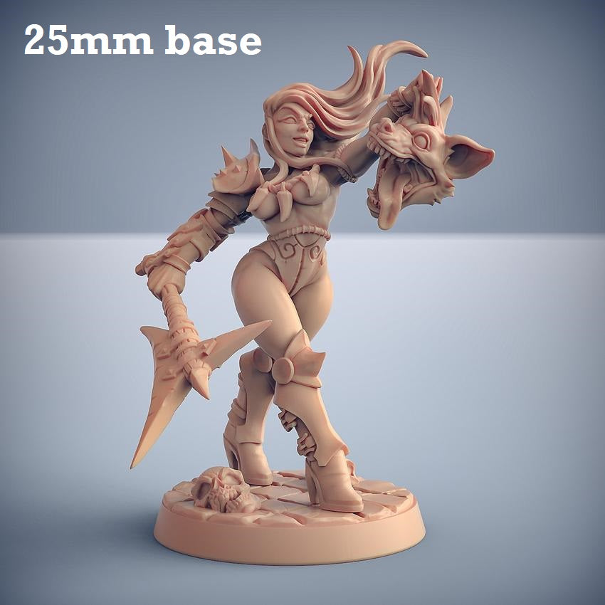 Image shows a 3D render of a human barbarian gaming miniature holding an axe and the severed head of a gnoll