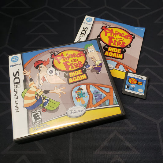 Image shows the case, manual and cartridge for the video game Phineas and Ferb: Ride Again for Nintendo DS