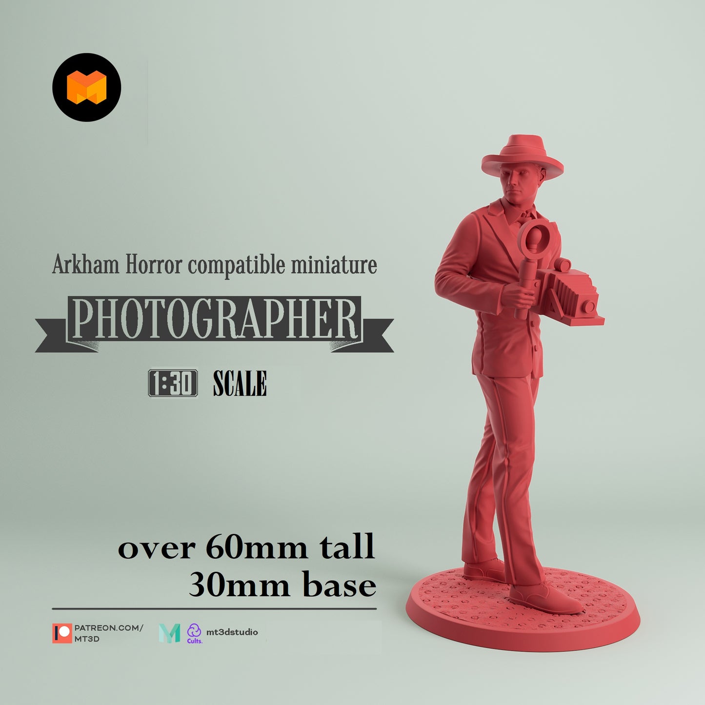 Image shows a 3D render of a 1920s era photographer gaming miniature.