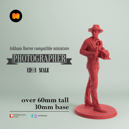 Image shows a 3D render of a 1920s era photographer gaming miniature.