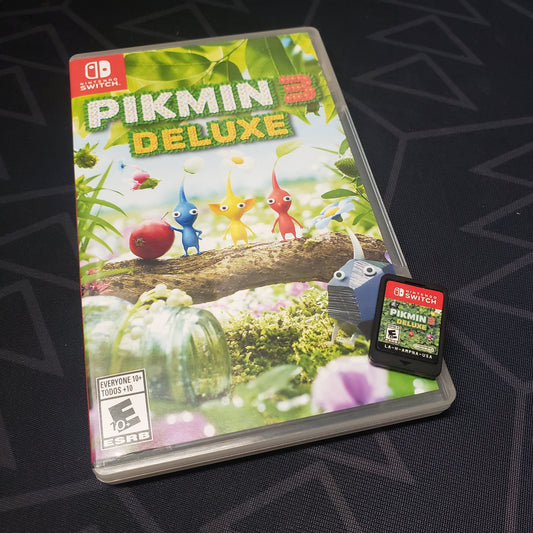 Image shows the case & cartridge for the video game Pikmin 3 Deluxe for Nintendo Switch