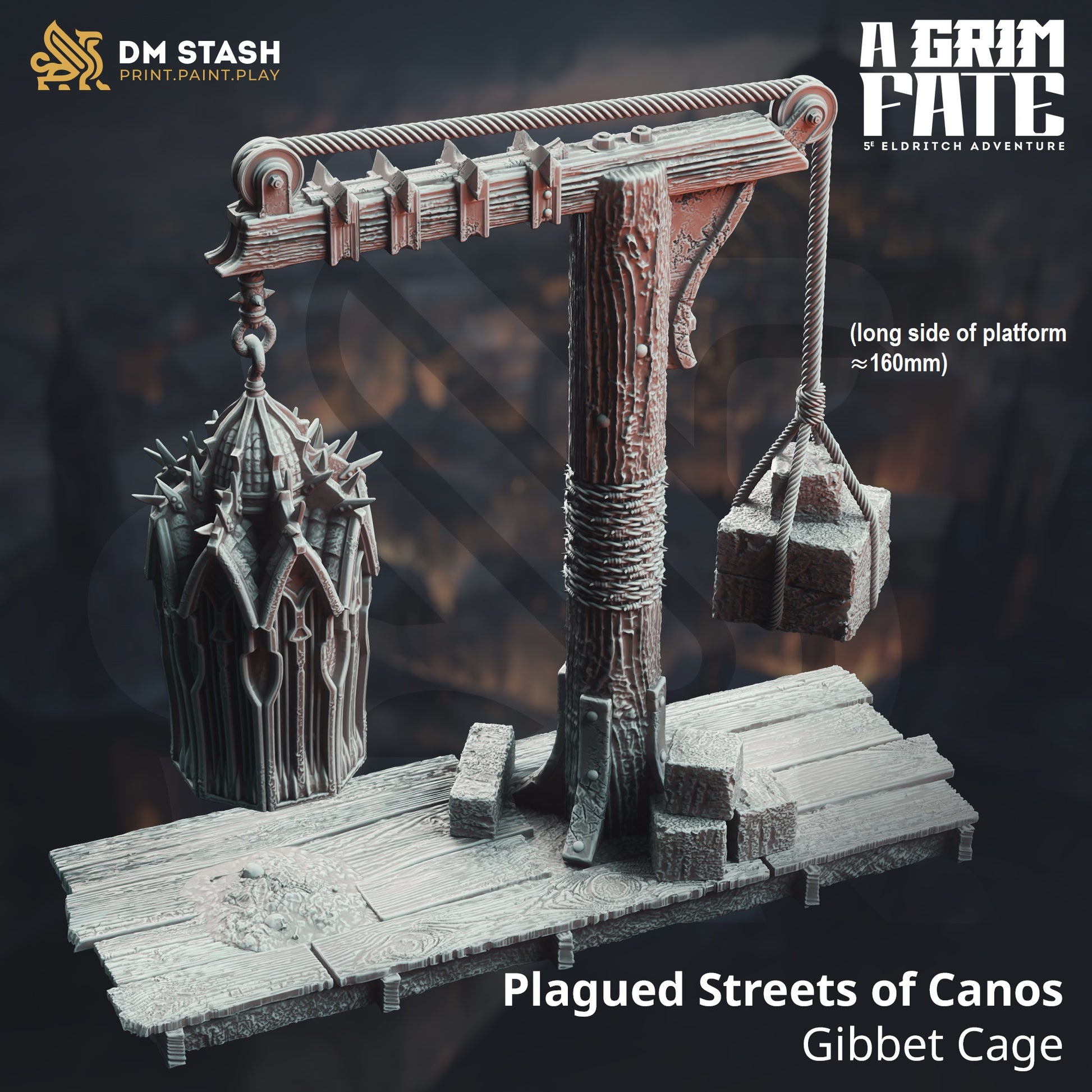 Image shows a 3D render of a miniature gaming terrain featuring a gibbet cage