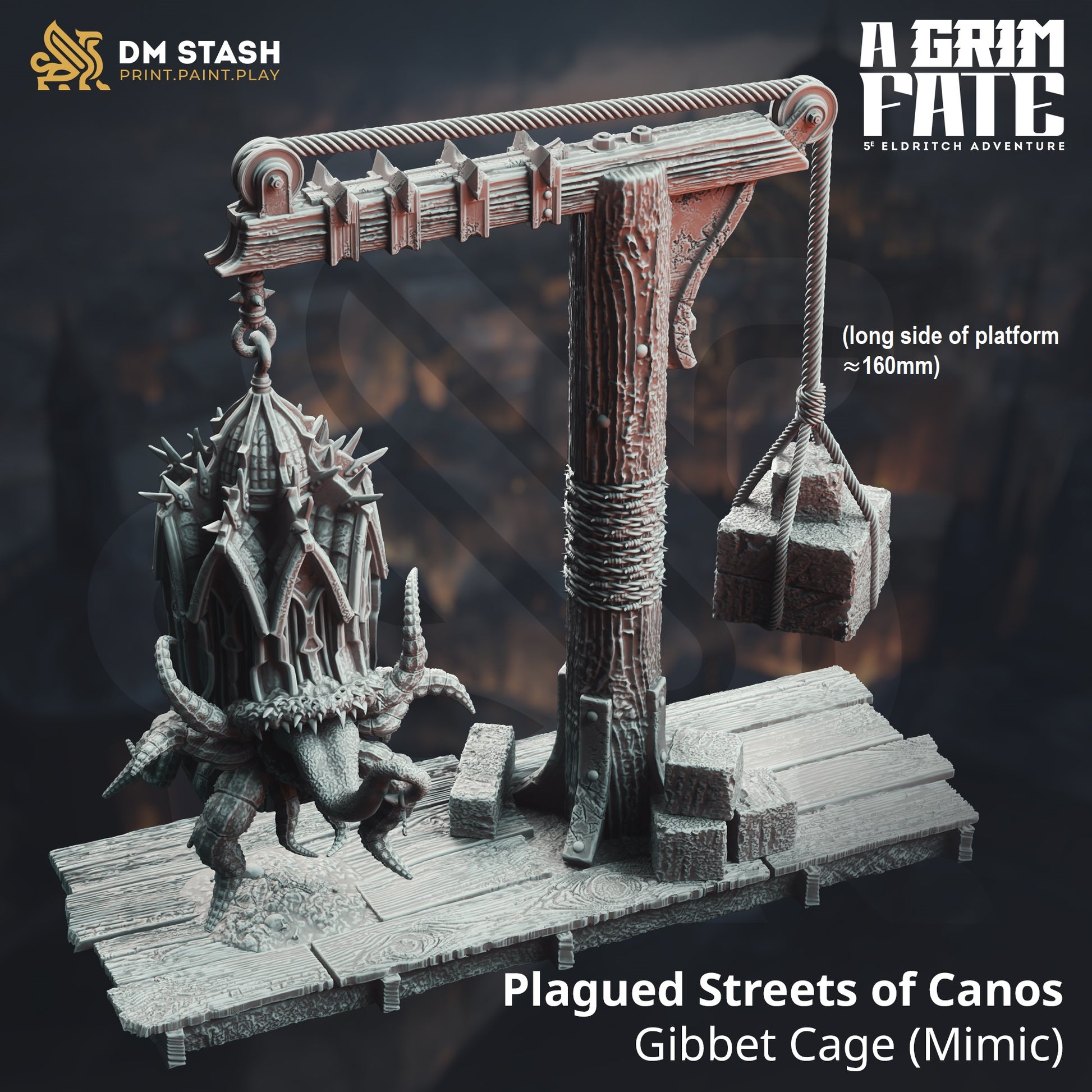 Image shows a 3D render of a miniature gaming terrain featuring a gibbet cage that has turned into a mimic