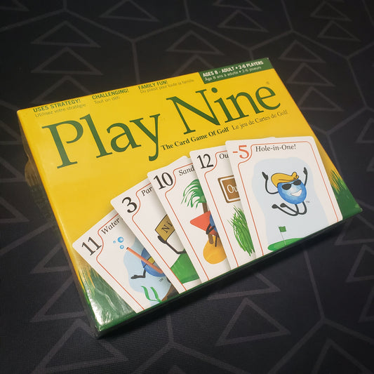 Image shows the front cover of the box for the Play Nine card game