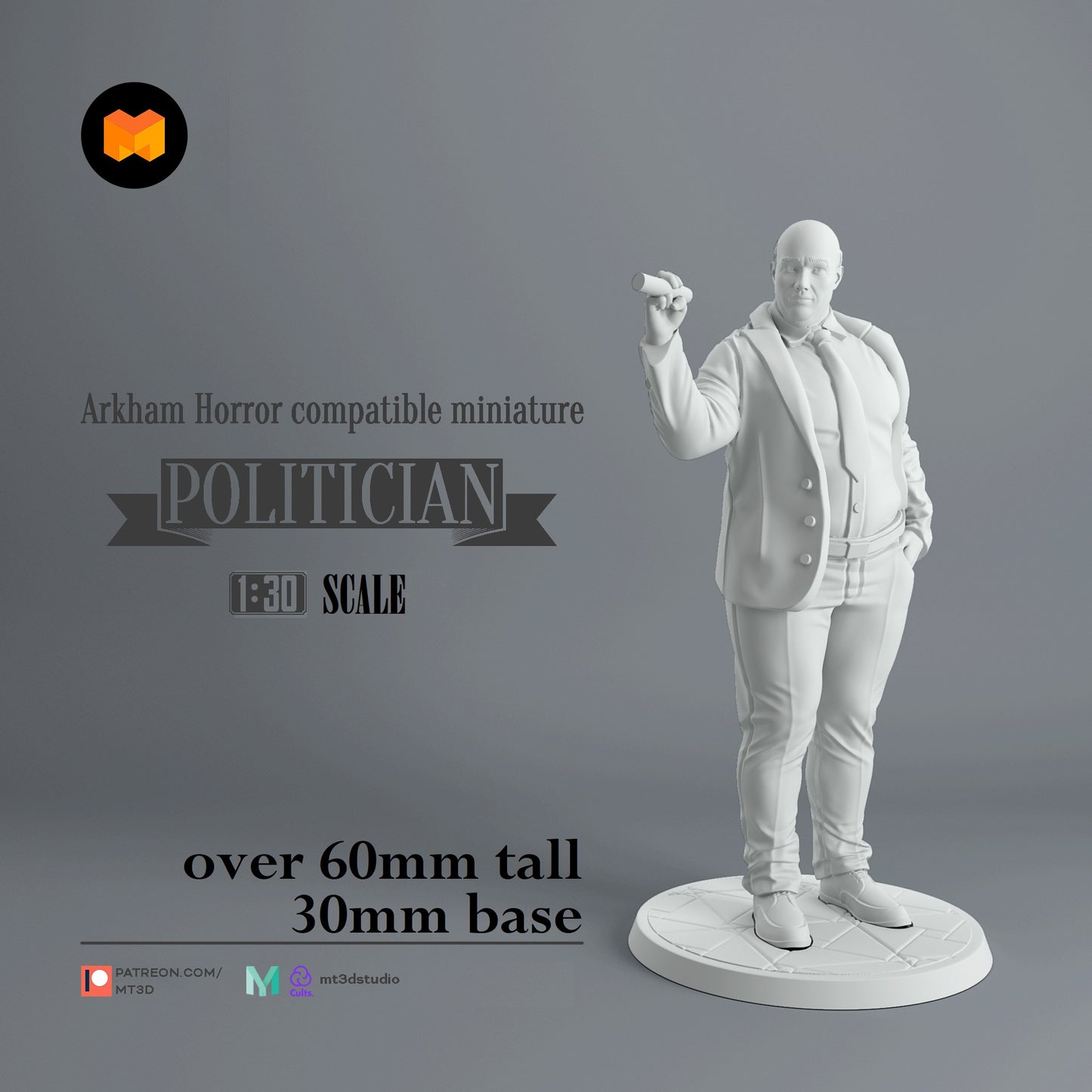 Image shows a 3D render of a 1920s era politician gaming miniature holding a cigar
