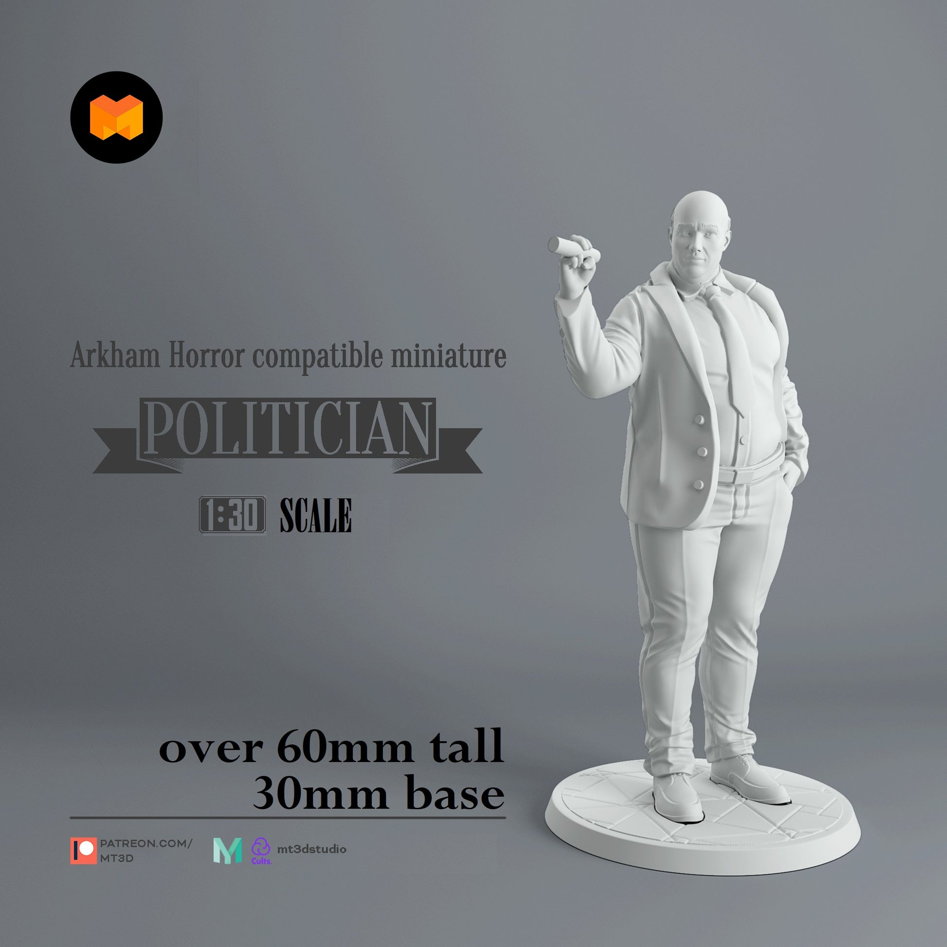Image shows a 3D render of a 1920s era politician gaming miniature holding a cigar