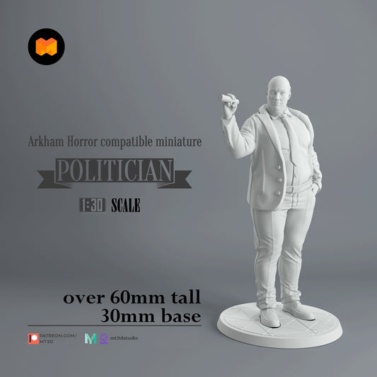 Image shows a 3D render of a 1920s era politician gaming miniature holding a cigar