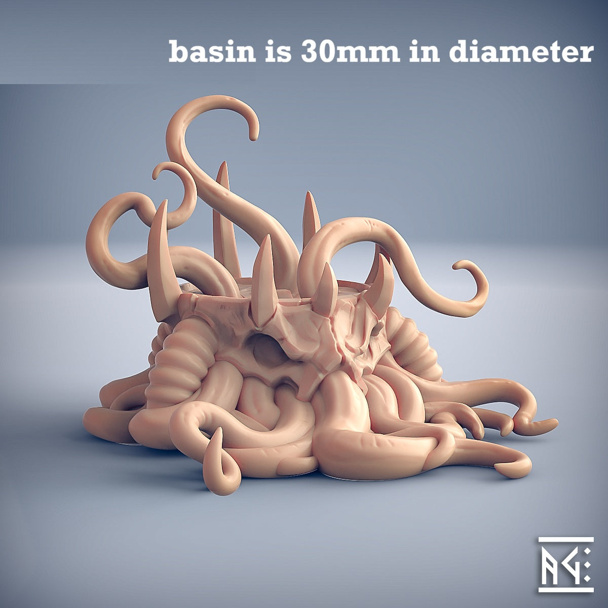 Image shows a 3D render of a piece of  gaming miniature terrain of a summoning basin with tentacles coming our it.
