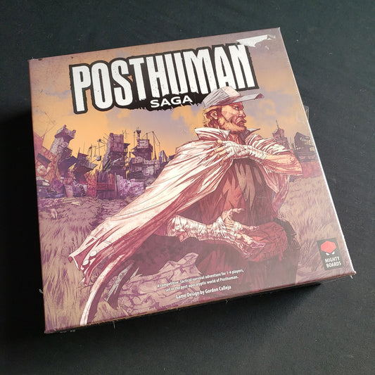 Image shows the front cover of the box of the Posthuman Saga board game