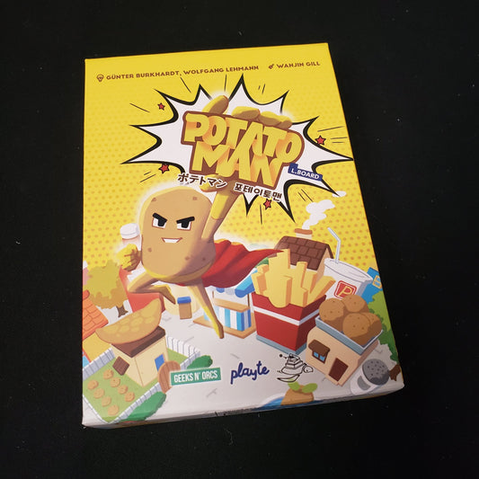 Image shows the front cover of the box of the Potato Man card game