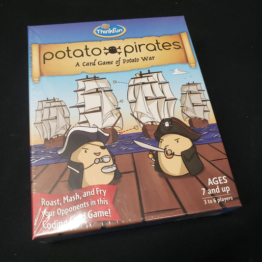 Image shows the front cover of the box of the Potato Pirates card game
