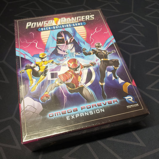 Image shows the front of the box for the Omega Forever expansion for the Power Ragners: Deckbuilding Game 