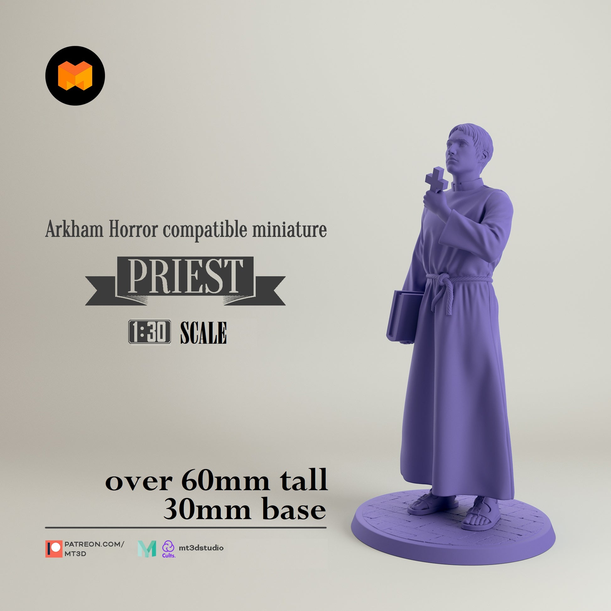 Image shows a 3D render of a Catholic priest gaming miniature.