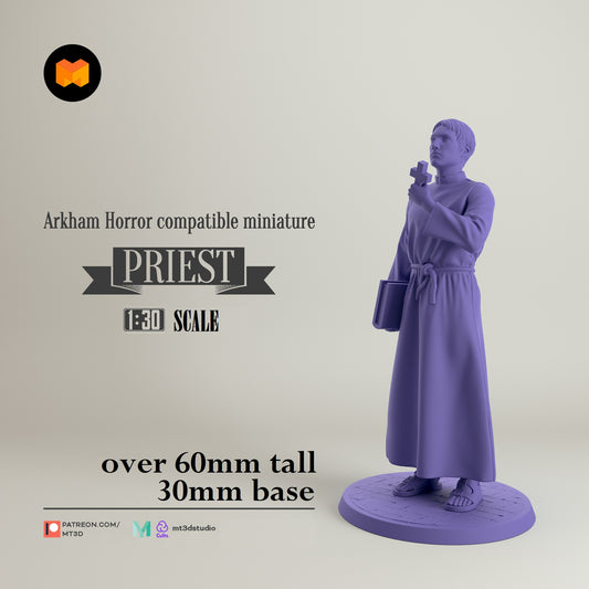 Image shows a 3D render of a Catholic priest gaming miniature.