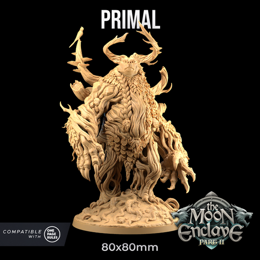 Image shows a 3D render of a bear forest spirit gaming miniature, with root-like legs and arms and antlers