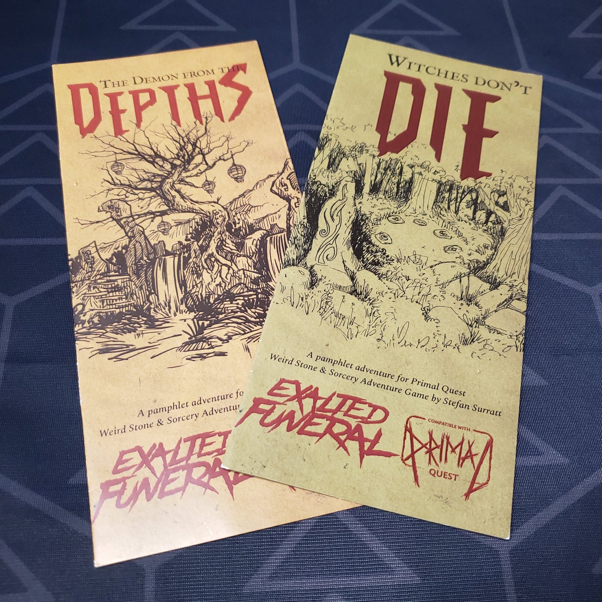 Image shows the front panels of the Demon from the Depths & Witches Don't Die adventure pamphlets for the roleplaying game Primal Quest