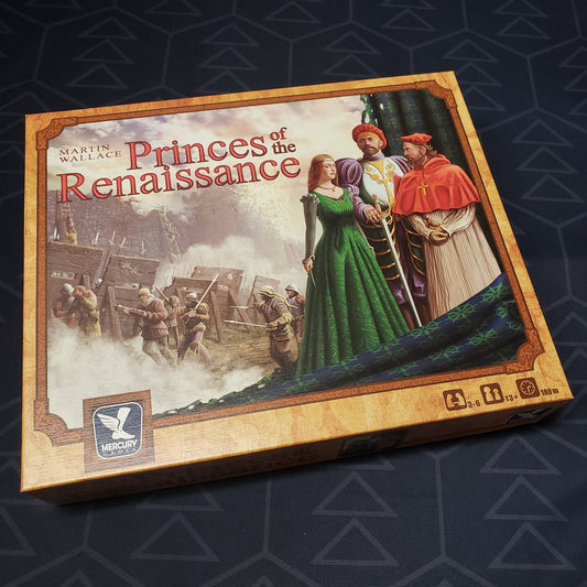 Image shows the front cover of the box of the Princes of the Renaissance board game