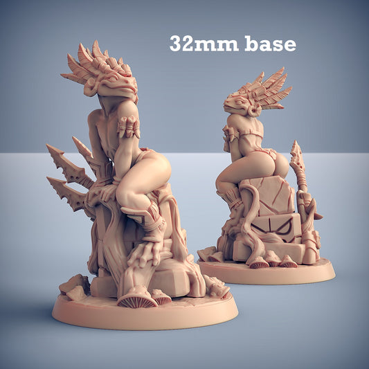 Image shows a 3D render of a frogfolk princess gaming miniature.