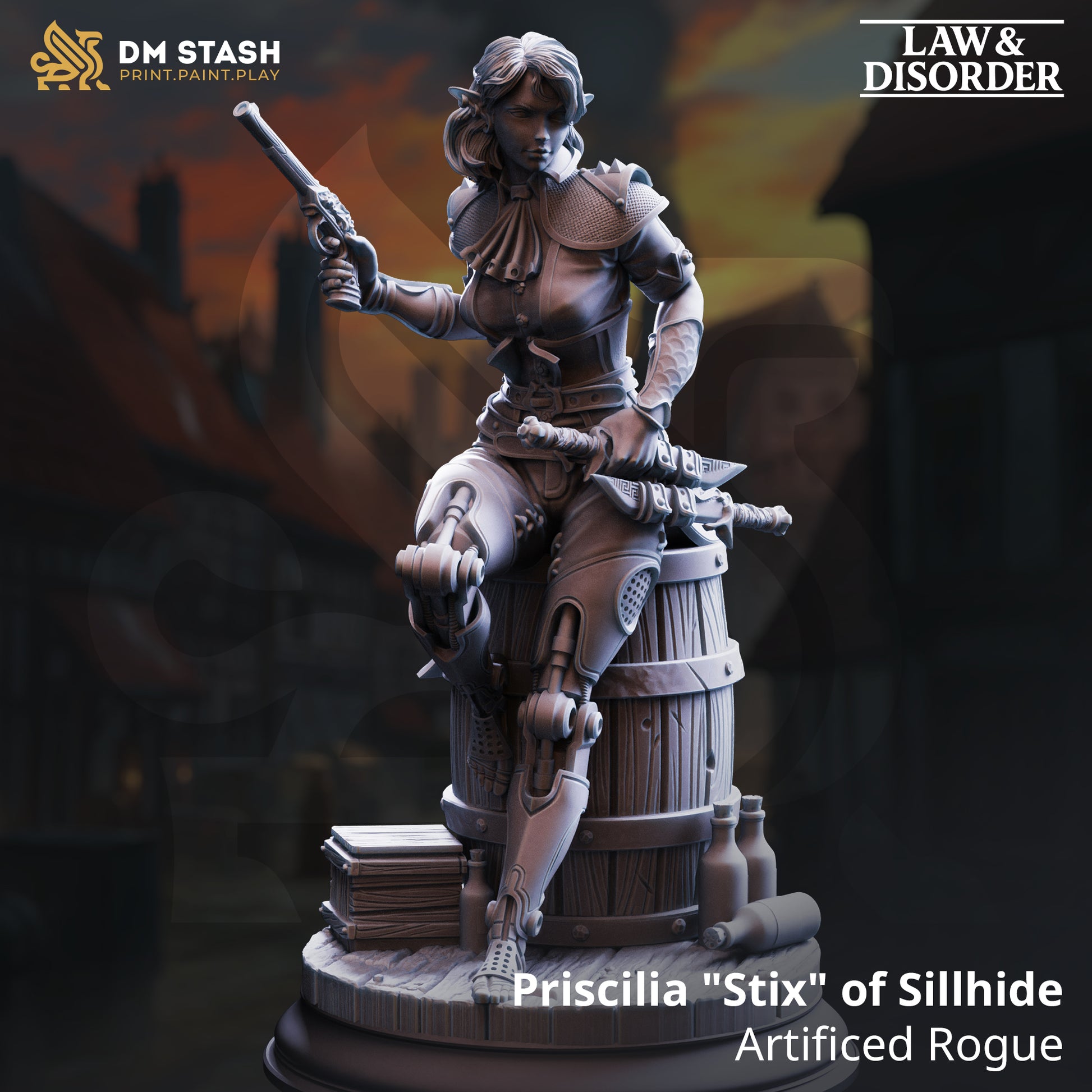 Image shows a 3D render of a elf gunslinger gaming miniature with mechanical legs.