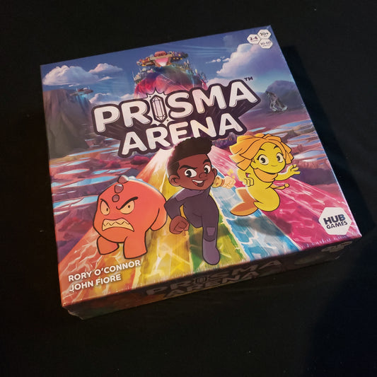 Image shows the front cover of the box of the Prisma Arena board game