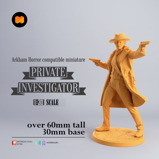 Image shows a 3D render of a 1920s era private investigator gaming miniature.