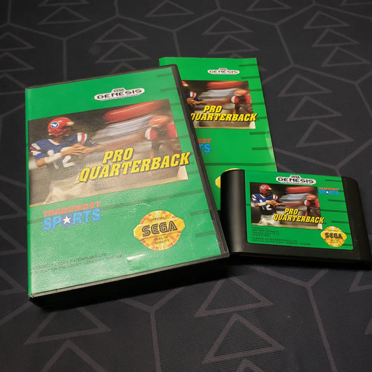 Image shows the case, manual and cartridge for the video game Pro Quarterback for Sega Genesis