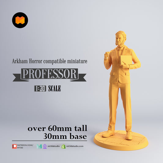 Image shows a 3D render of a 1920s era professor gaming miniature.