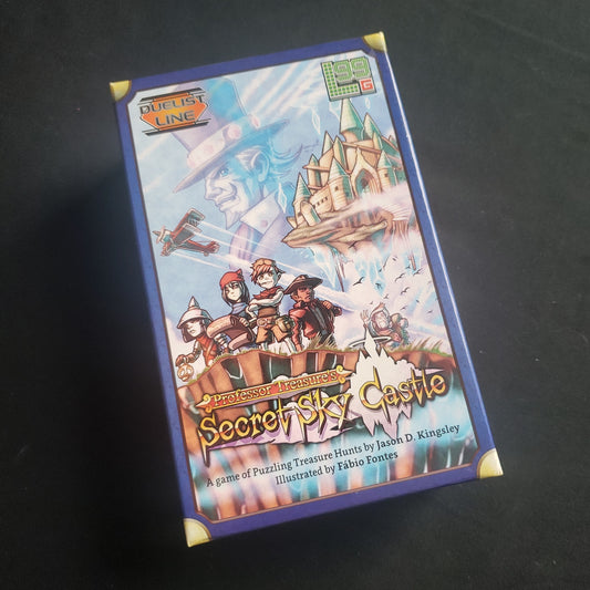 Image shows the front cover of the box of the Professor Treasure's Secret Sky Castle board game