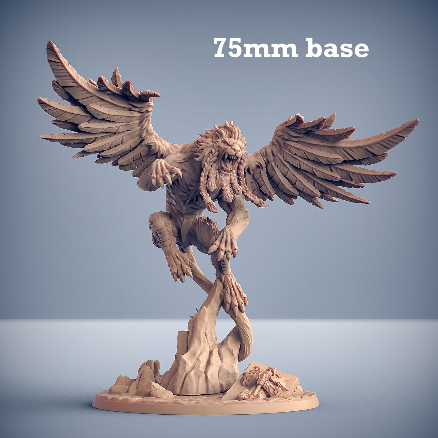Image shows a 3D render of a wild winged lion gaming miniature.
