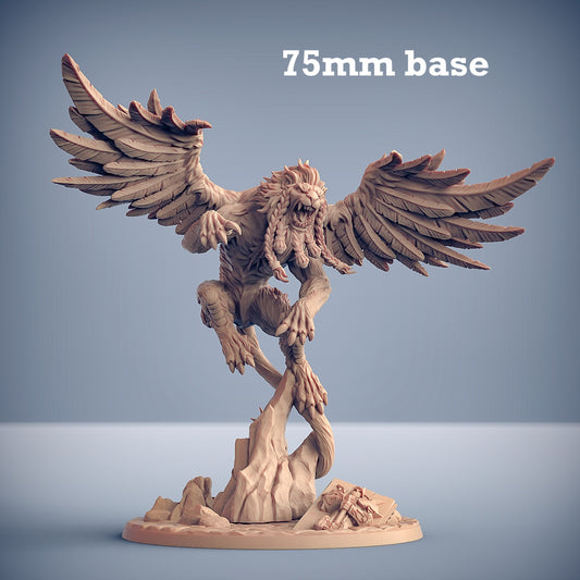 Image shows a 3D render of a wild winged lion gaming miniature.