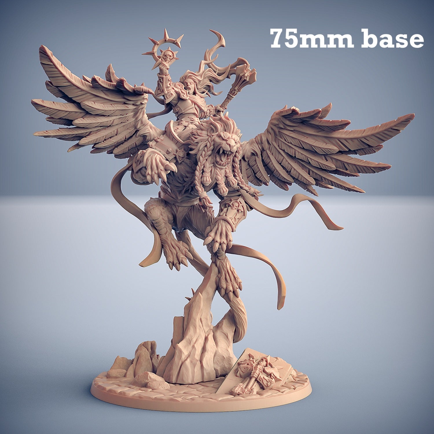 Image shows a 3D render of a winged lion gaming miniature with a paladin rider.