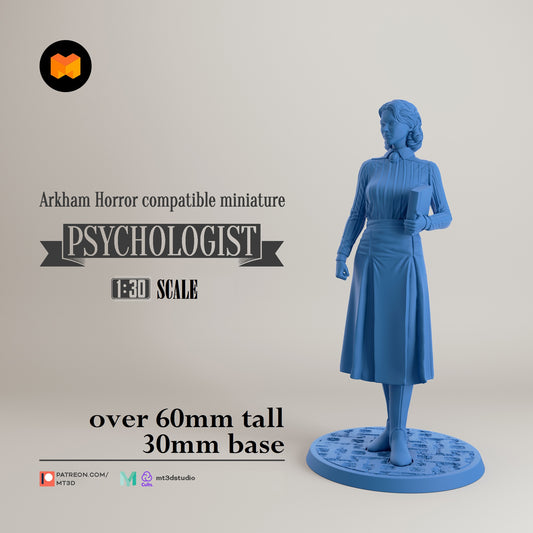 Image shows a 3D render of a 1920s era psycologist gaming miniature.