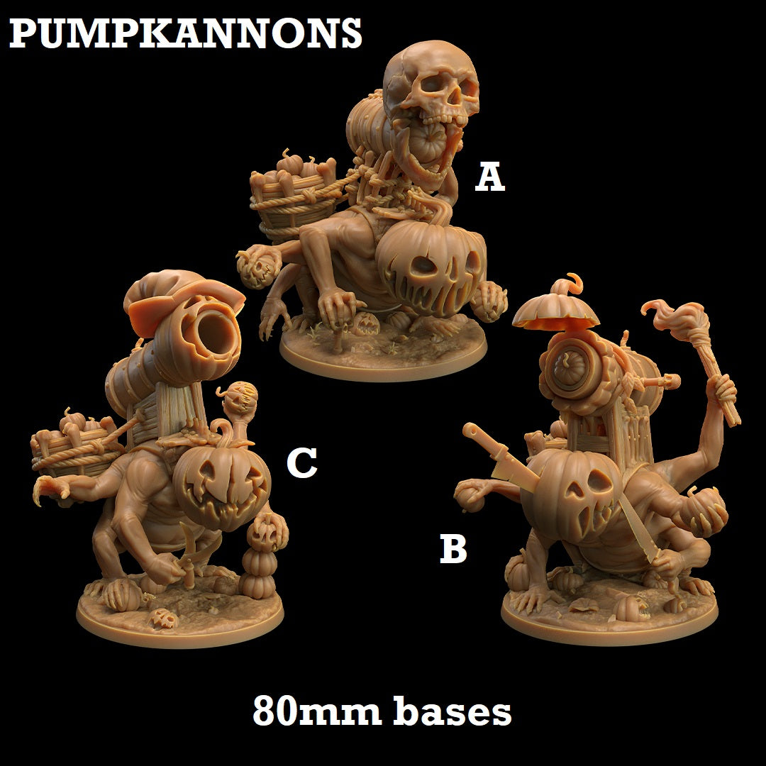 Image shows 3D renders of three different sculpt options for a pumpkin-horror-cannon-amalgamation gaming miniature