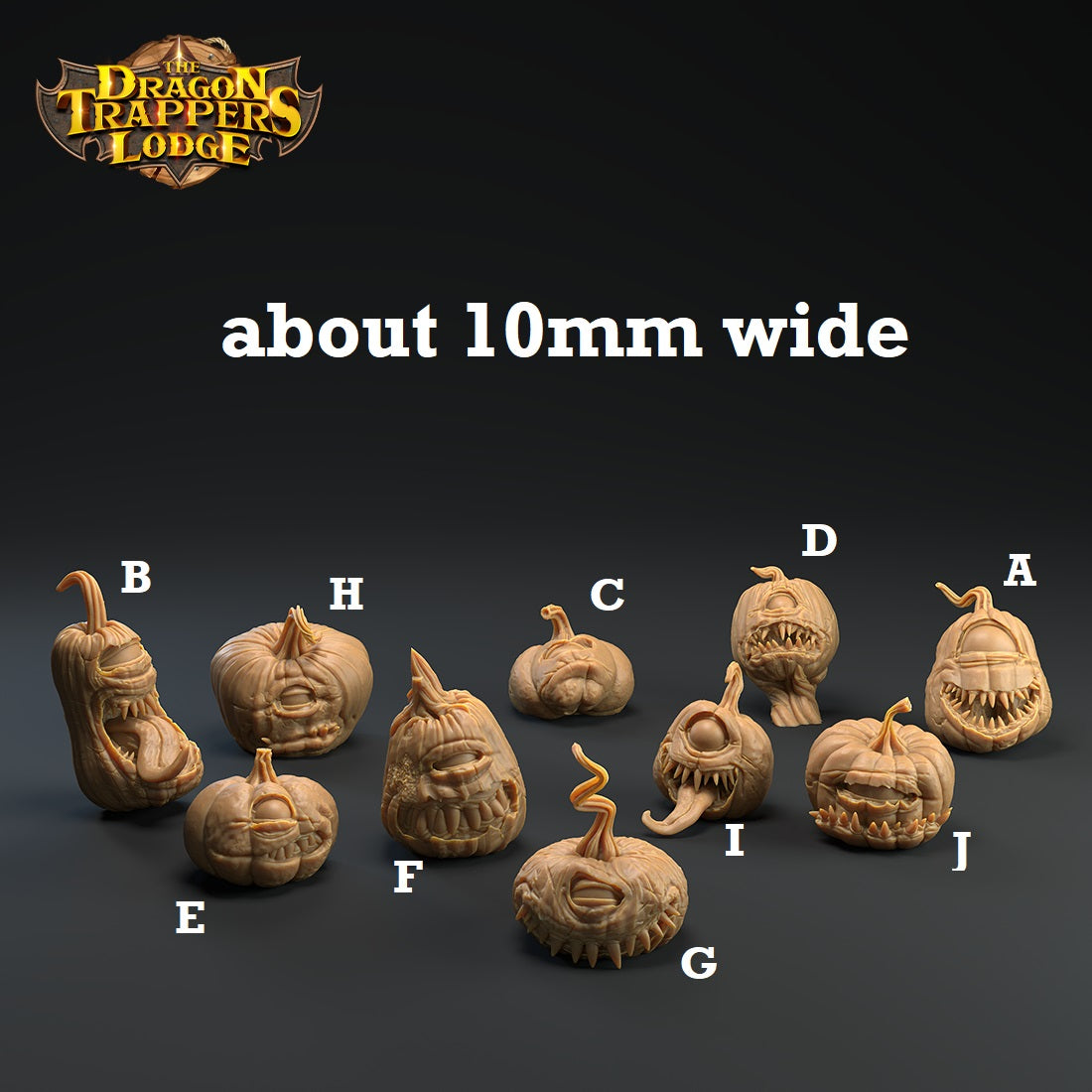 Image shows 3D renders for ten different sculpt options of a pumpkin mimic gaming miniature.