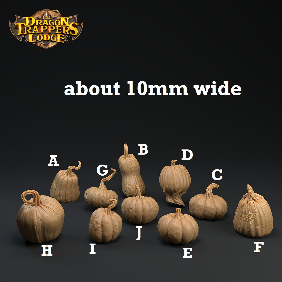 Image shows 3D renders for ten different sculpt options of a pumpkin gaming miniature.