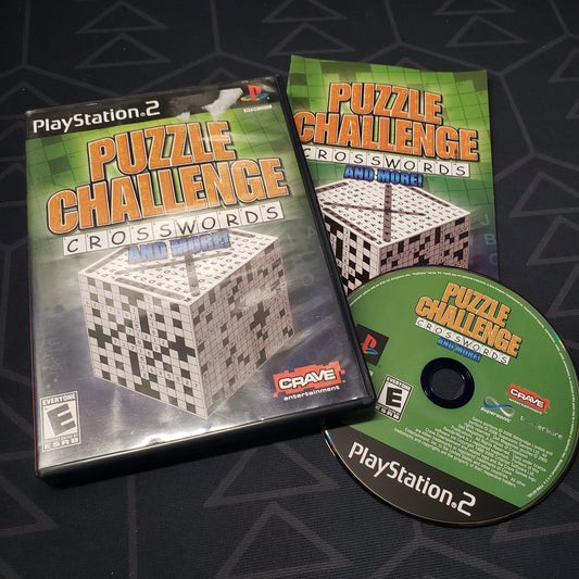 Image shows the case, manual and disc for the video game Puzzle Challenge: Crosswords and More! for Playstation 2