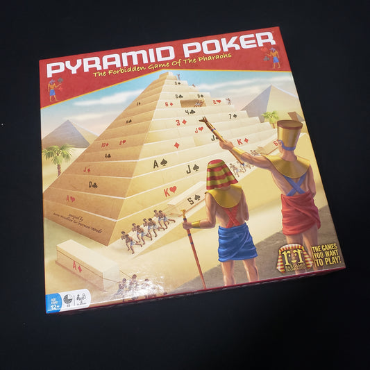 Image shows the front cover of the box of the Pyramid Poker board game