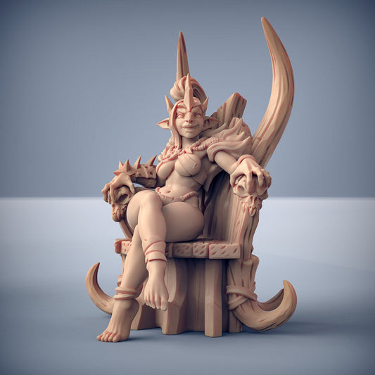 Image shows an 3D render of a hobgoblin queen gaming miniature sitting on a throne of tusks