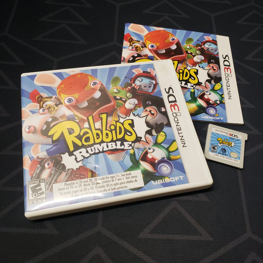 Image shows the case, manual and cartridge for the video game Rabbids Rumble for Nintendo 3DS