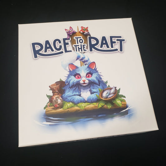 Image shows the front cover of the box of the Race To The Raft board game