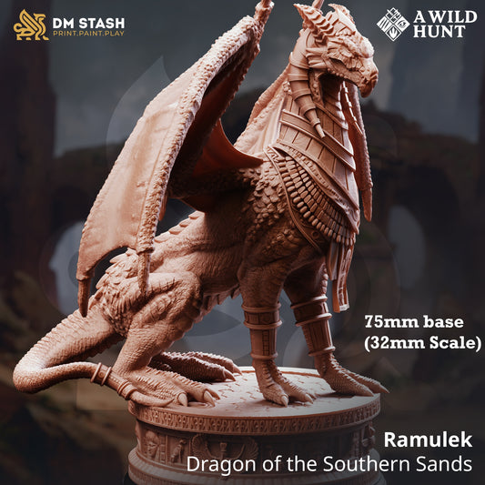Image shows a 3D render of a Egyptian-styled dragon gaming miniature.