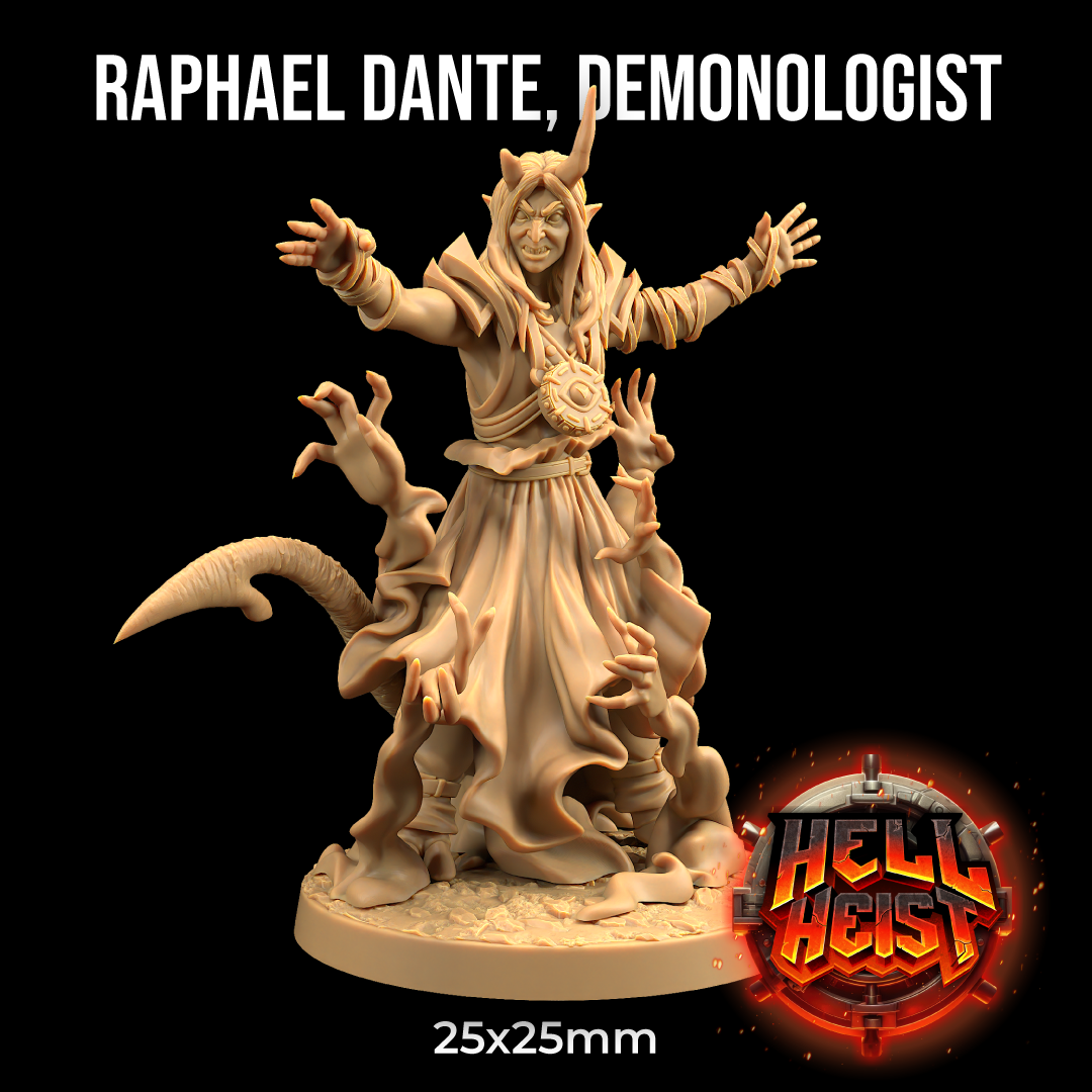 Image shows a 3D render of a tiefling necromancer gaming miniature surrounded by spectral hands