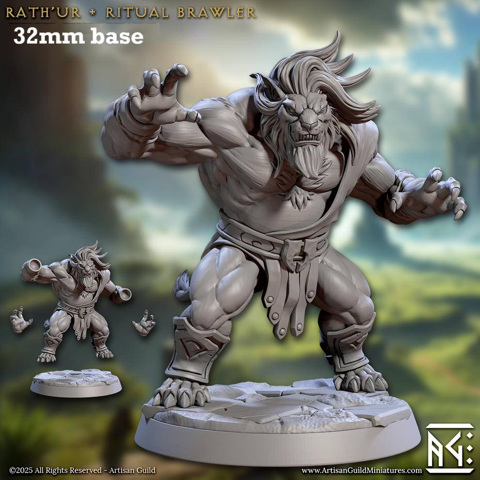 Image shows a 3D render of a leonin pugilist gaming miniature.