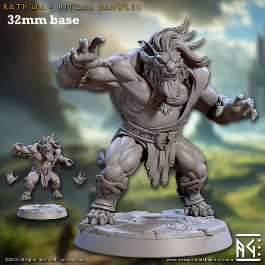 Image shows a 3D render of a leonin pugilist gaming miniature.