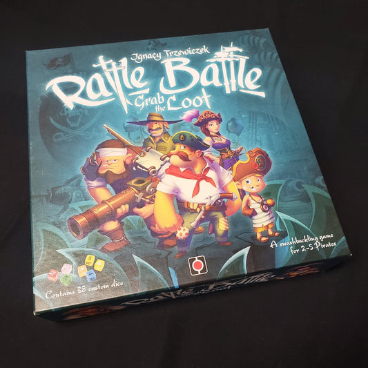 Image shows the front cover of the box of the Rattle, Battle, Grab the Loot board game
