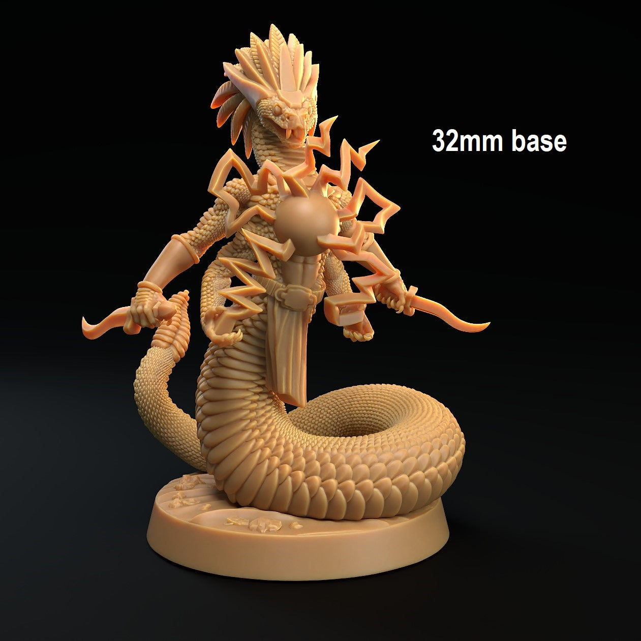 Image shows an 3D render of a snake mage gaming miniature holding two daggers and a spell ball