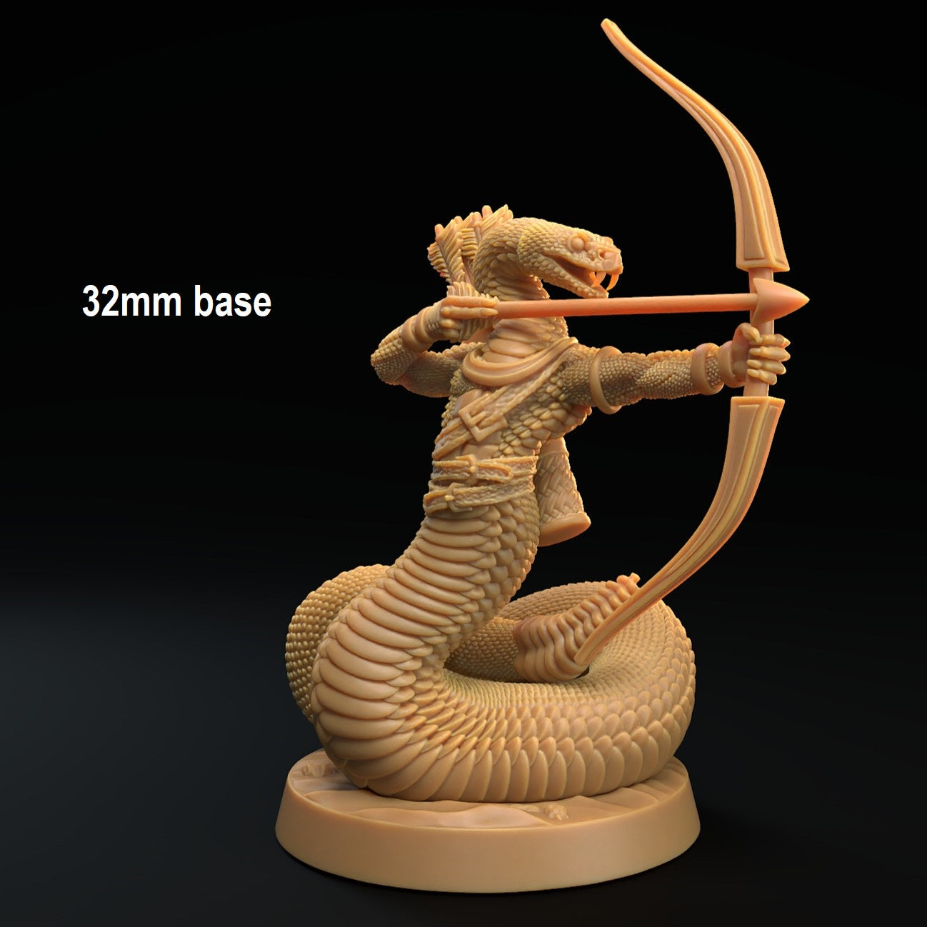 Image shows an 3D render of a snake ranger gaming miniature holding a drawn bow with an arrow