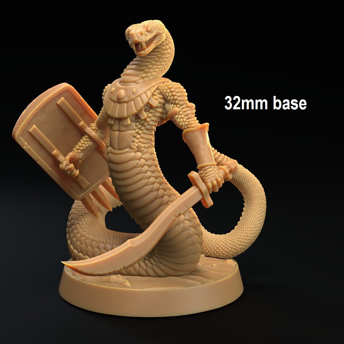 Image shows an 3D render of a snake warrior gaming miniature holding a sword & shield